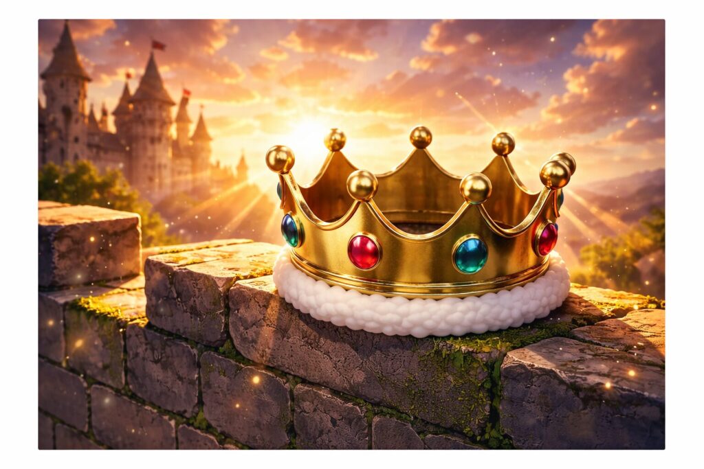 夕日を背景に城壁におかれた王冠