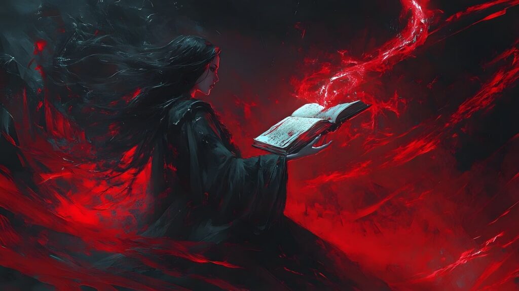 赤々と光る闇を背景に本をひらく魔女