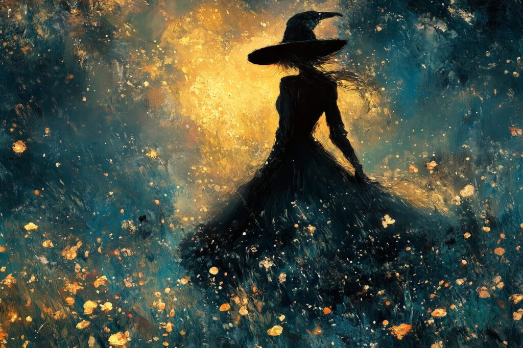 光の渦を背景にたたずむ魔女