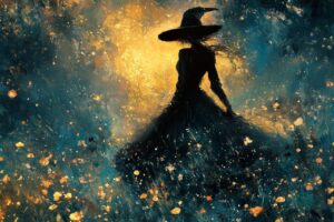 光の渦を背景にたたずむ魔女